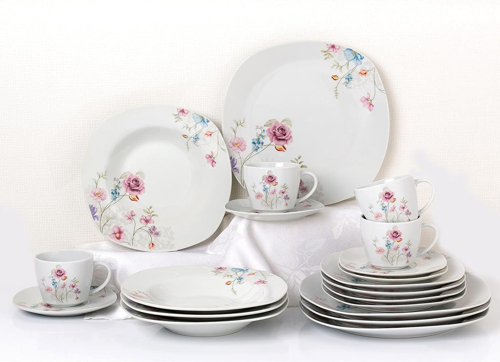 Stylish and Elegant 20 Pieces Porcelain Square Dinnerware Set Service for 4 People for Hosting Parties and Events - Small Floral Design