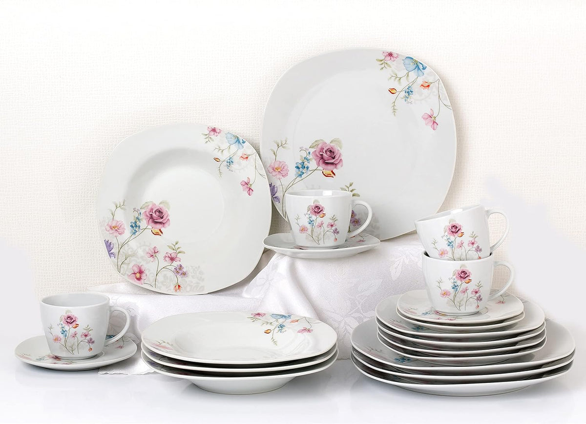 Stylish and Elegant 20 Pieces Porcelain Square Dinnerware Set Service for 4 People for Hosting Parties and Events - Small Floral Design