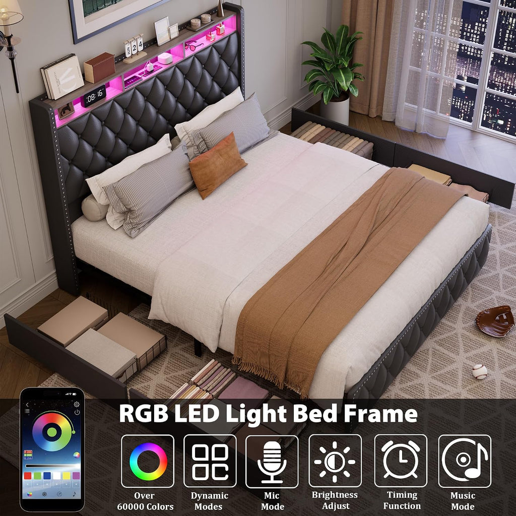 IDEALHOUSE Queen Bed Frame with 50.8' Tall Headboard and 4 Storage Drawers, Platform Leather Upholstered Bed Frame with Charging Station, Led Lights, No Box Spring Needed, Easy Assembly, Black
