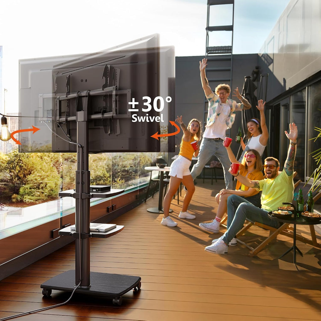 FITUEYES Swivel Rolling TV Stand, Height Adjustable Mobile TV Cart for 32-65 70 Inch TVs, Corner Floor TV Stand for Bedroom, Living Room, Home Office, Kitchen, Black
