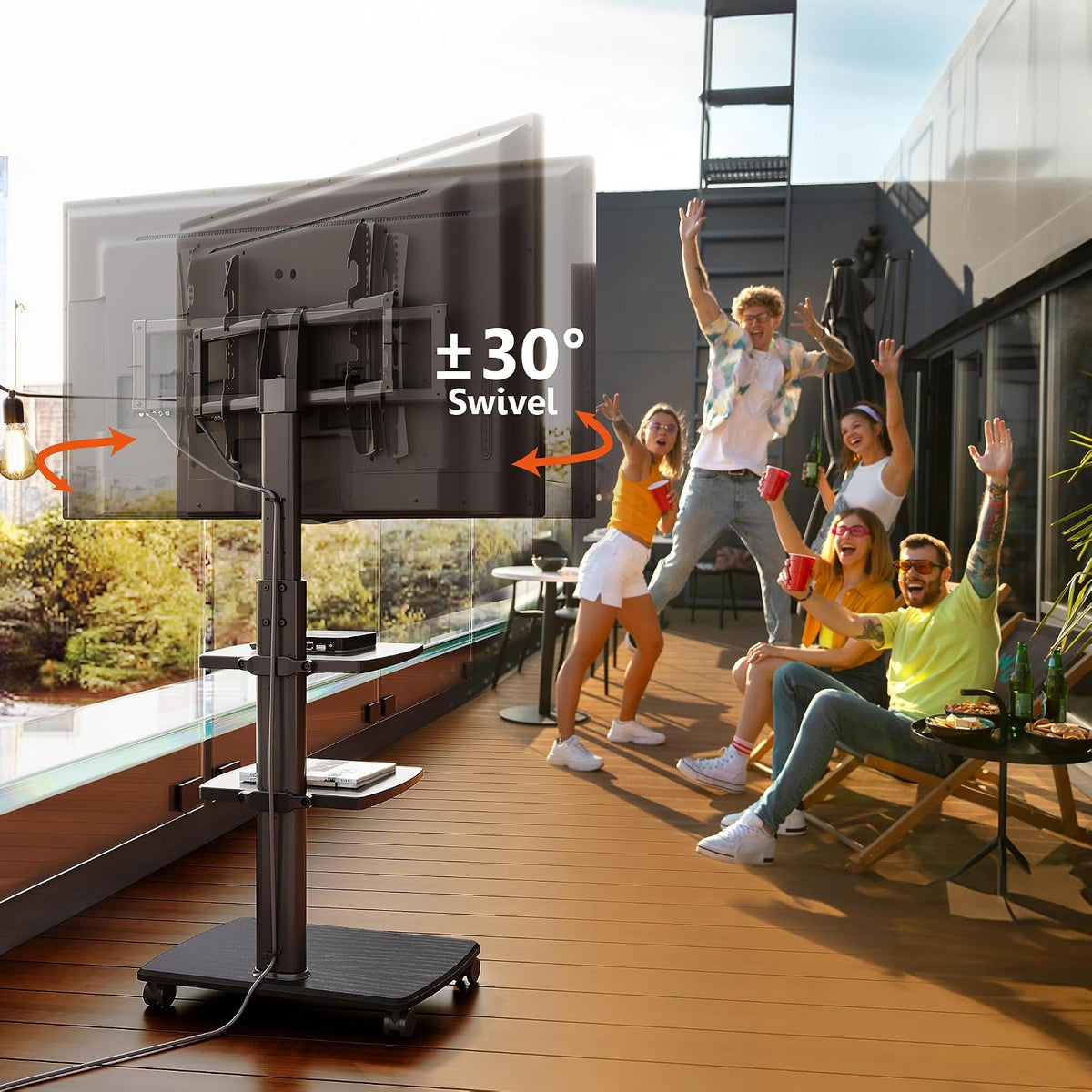 FITUEYES Swivel Rolling TV Stand, Height Adjustable Mobile TV Cart for 32-65 70 Inch TVs, Corner Floor TV Stand for Bedroom, Living Room, Home Office, Kitchen, Black