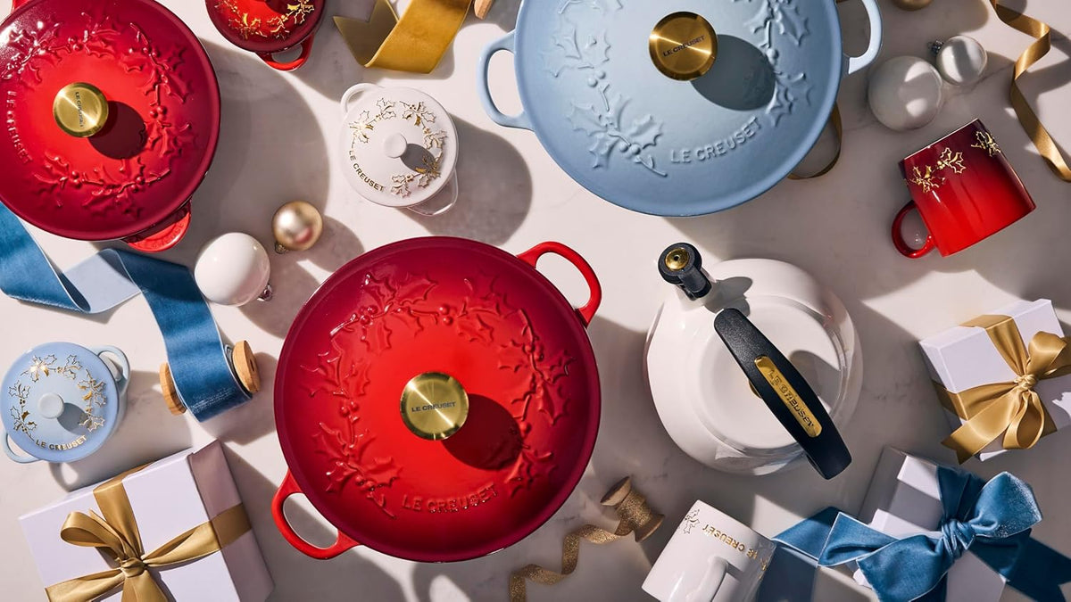 Le Creuset Enameled Cast Iron Holly Collection Saucier, 2.25 qt., Cerise with Gold Knob