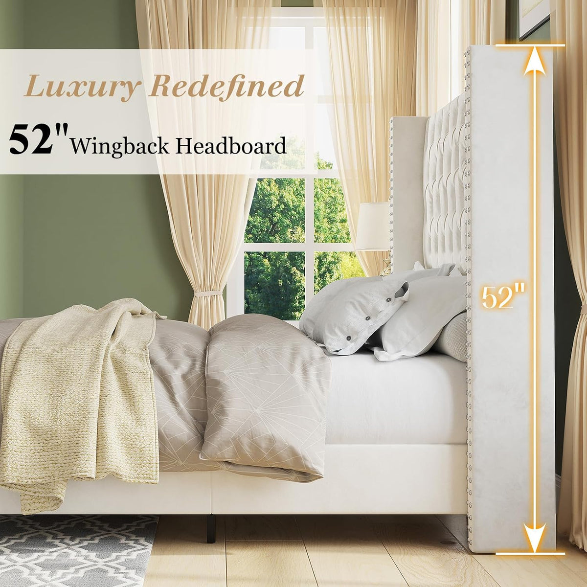 Jocisland King Upholstered Bed Frame with Tall Headboard Wingback Platform Bed Tufted Deep Button Velvet/No Box Spring Needed/Easy Assembly/Cream