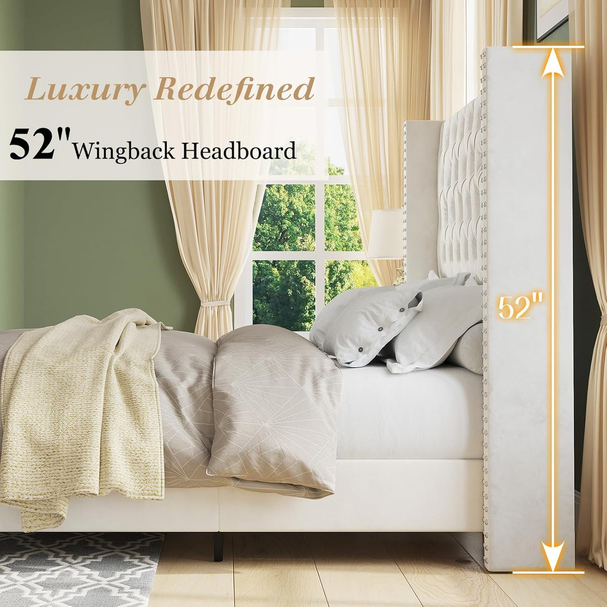 Jocisland Queen Size Bed Frame with 51.6' Wingback Tufted Velvet Headboard, Modern Upholstered Platform Bed, No Box Spring Needed, Easy Assembly, Cream