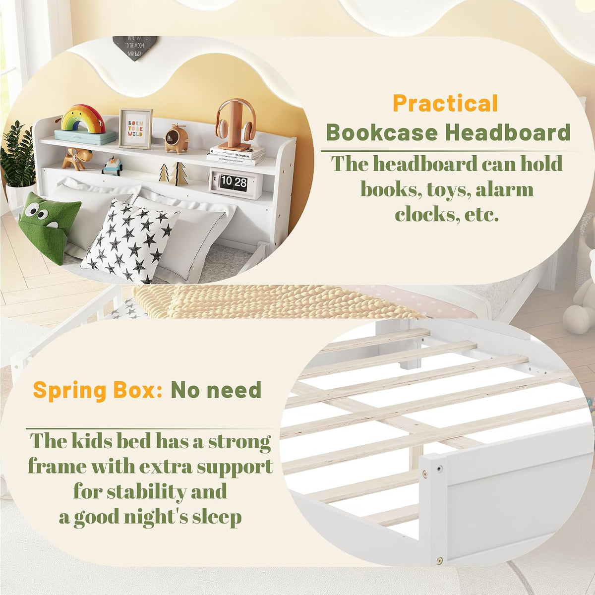 Full Size Kids Bed, Wood Kids Bed with Storage Bookcase & Headboard, Beds Frames with Rails & LED Motion Sensor Light, for Boys and Girls, White