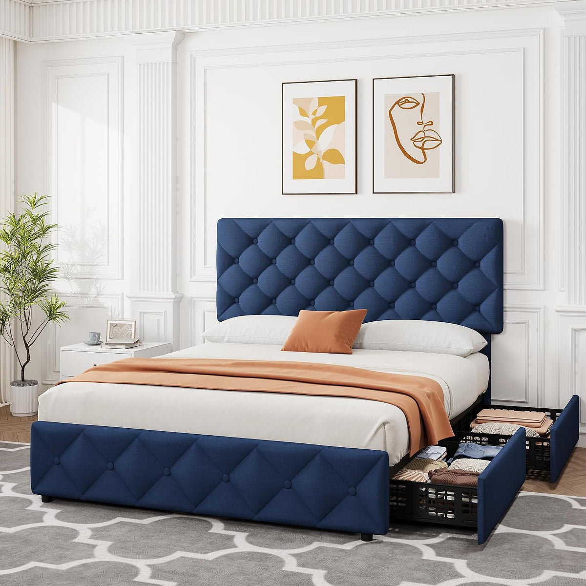 GarveeHome Queen Size Bed Frame with 4 Storage Drawers and Adjustable Headboard, Linen Upholstered Platform Beds, Diamond Stitched Button Tufted, No Box Spring Needed, Blue