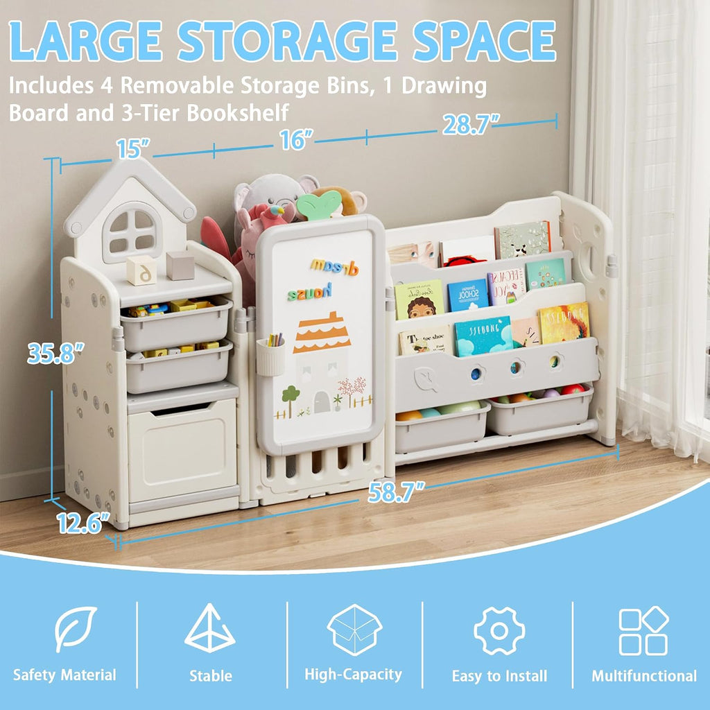 DEYGIA 3 in 1 Kids Toy Storage Organizer with Drawing Board, Foldable Multifunctional Toy Organizer with 4 Removable Bins and 3-Tier Bookshelf for Kids Bedroom Playroom Living Room, Off-White