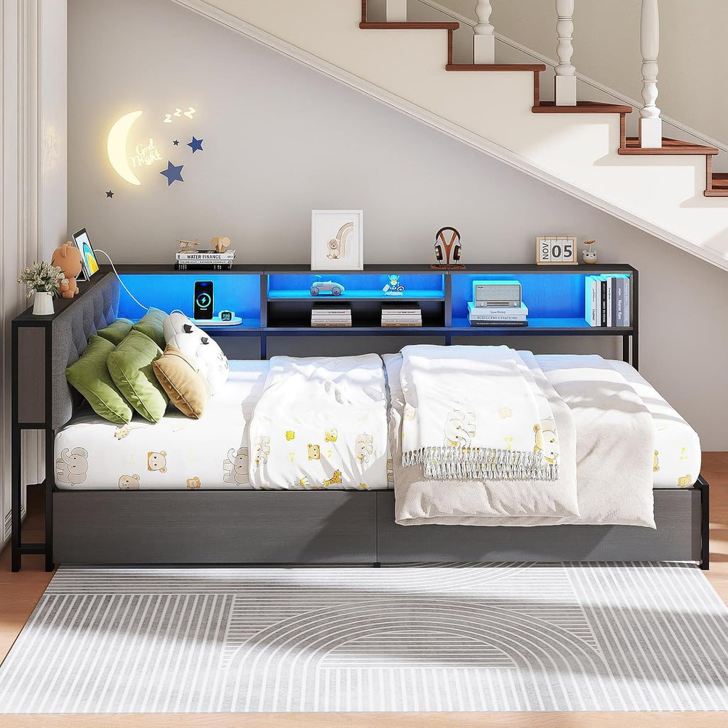 Corner Bed Frame Twin Size with Storage Bookcase and Headboard, Platform Corner Bed with LED Lights and Charging Station, Twin Size Daybed with Storage Drawers for Kids Teens Guests, Dark Gray