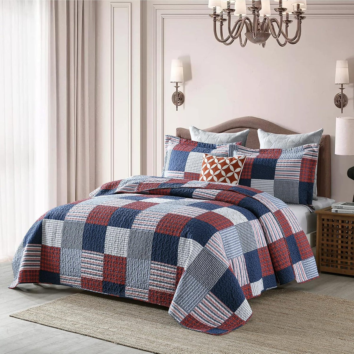 Finlonte Quilt King Size - 100% Cotton King Size Comforter Set Blue Red White Plaid Farmhouse Quilt Bedding Set, Reversible Lightweight Soft Bedspread, Quilted Coverlet All-Season, 3-Piece