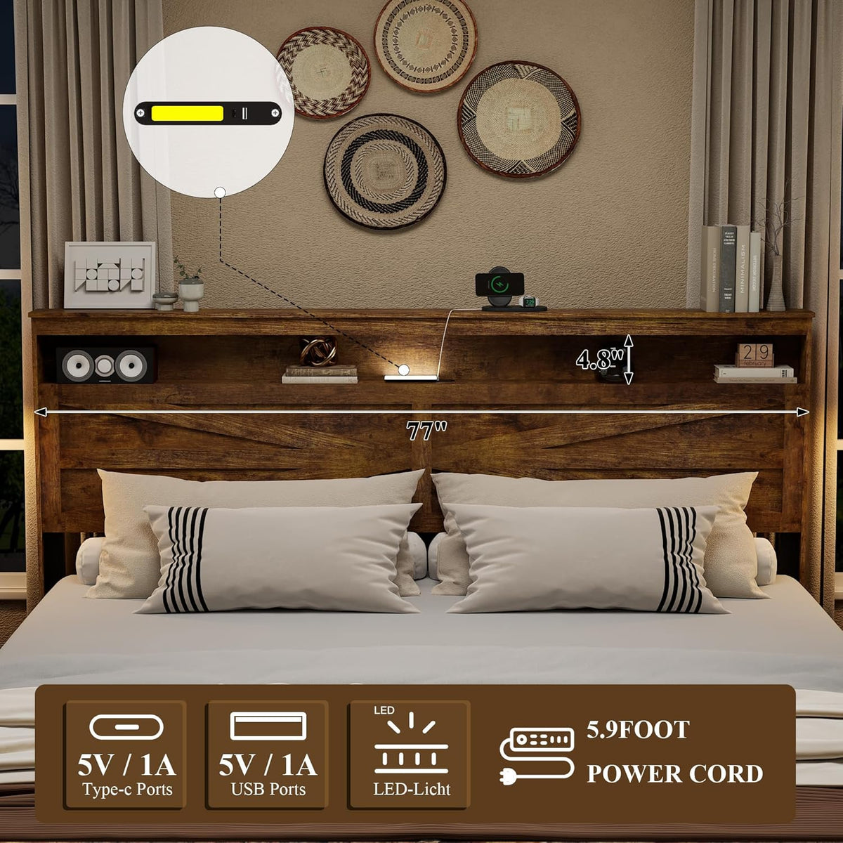 Farmhouse King Size Bed Frame with Headboard Storage Shelf, Wood Platform Bed Frame with LED Lights & Charging Station, Rustic Brown Metal Bed, No Box Spring Needed, Noise-Free Sturdy Structure