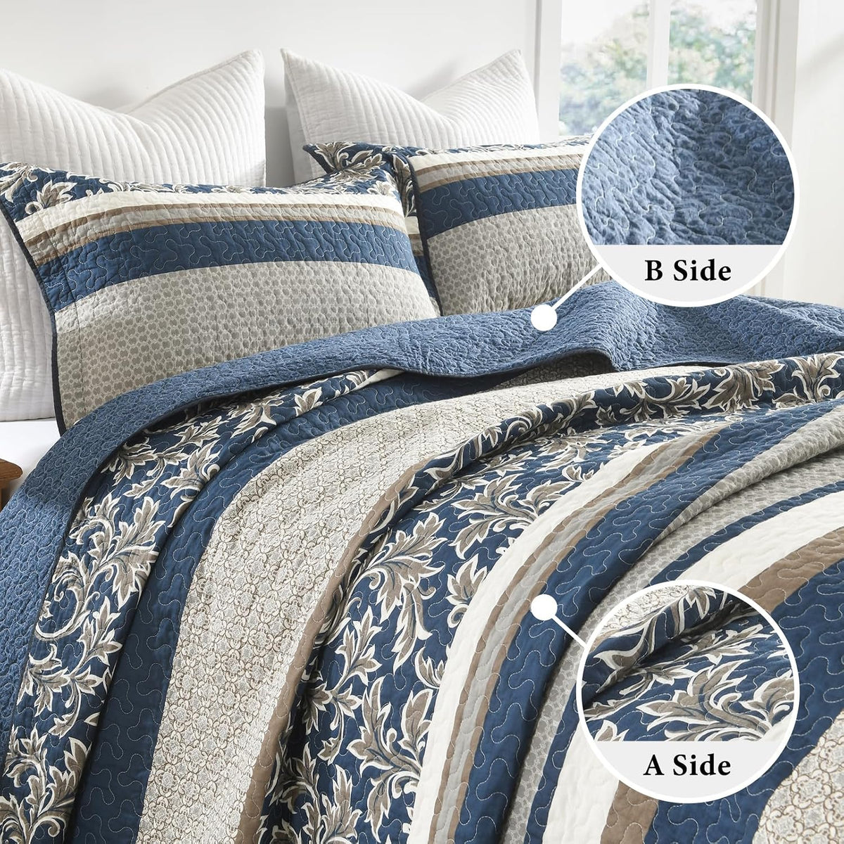 Uniclinens 100% Cotton Quilts Queen Size, Lightweight Botanical Striped Queen Quilt Bedding Set, Vintage Chic Reversible Quilted Bedspreads Coverlet Set, All Season, 3 Pieces, Navy Blue/Gray/Kharki