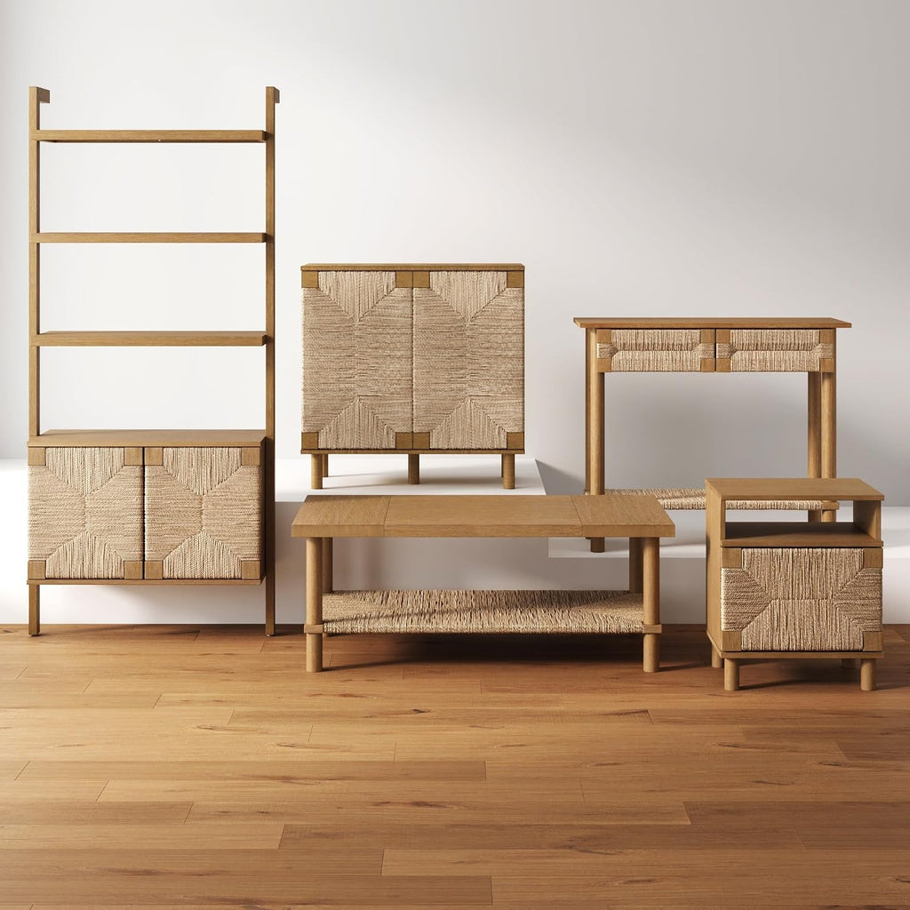 Nathan James Beacon 3-Shelf Solid Wood Bookshelf with Storage Cabinet, Bohemian Wall Mounted Shelf with Seagrass Door Fronts