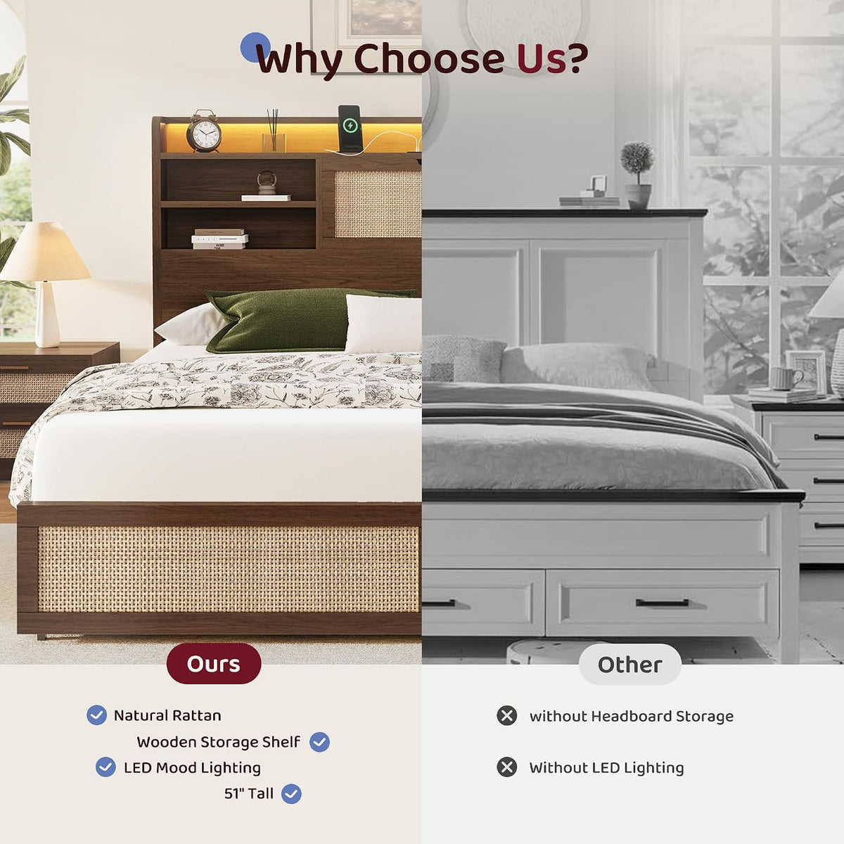 BRELTAM King Size Rattan Bed Frame with 4 Storage Drawers and Hidden Storage Headboard Wooden Platform Bed Frame with LED Lights and Charging Station, No Box Spring Needed, Easy Assembly, Brown