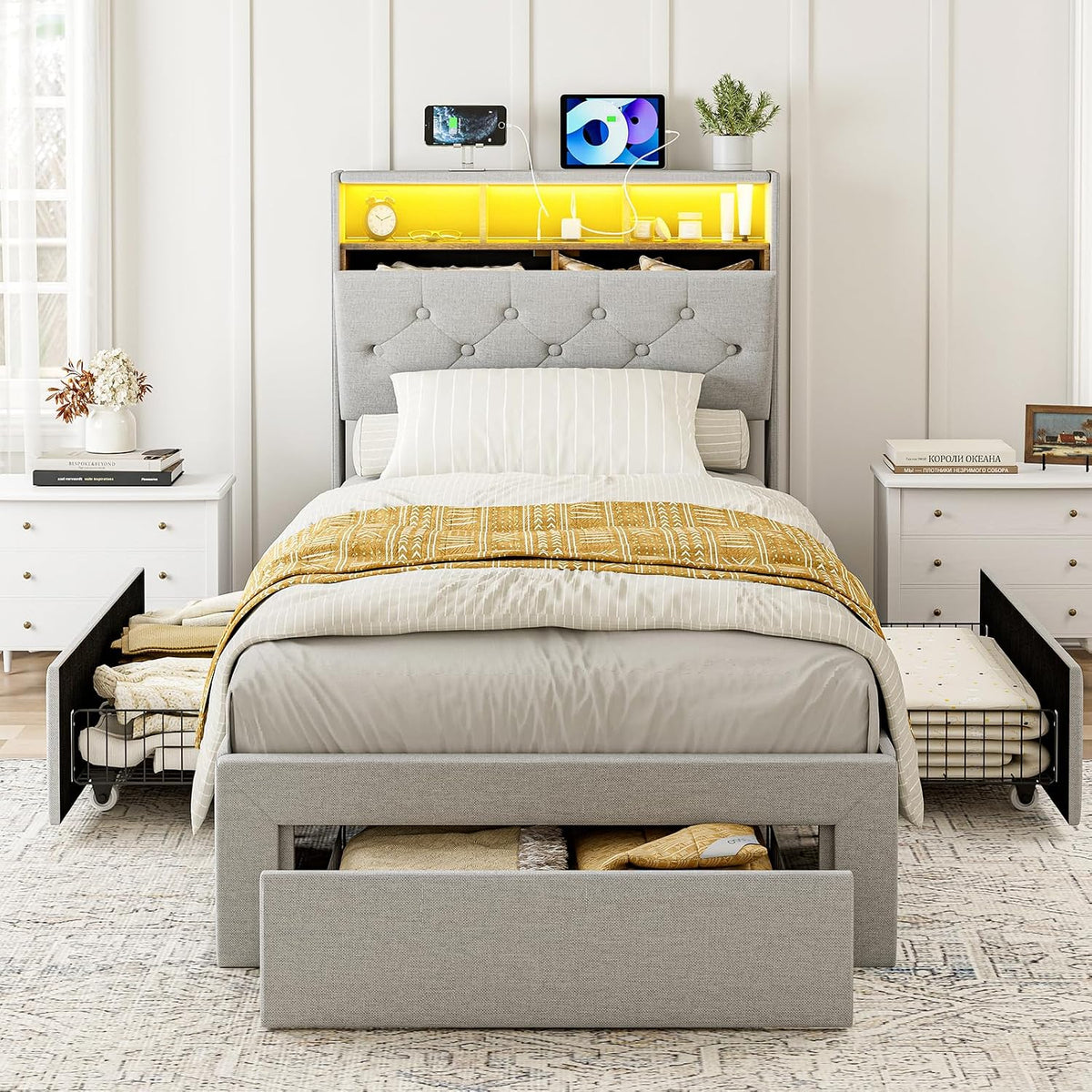 IKIFLY Twin XL Bed Frames with Hidden Storage Headboard & Drawers, Upholstered Twin XL Platform Bed with LED Lights & Charging Station, Solid and Stable, Noise Free, No Box Spring Needed, Light Grey
