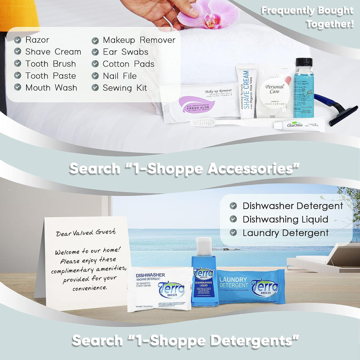 Terra Pure White Tea & Coconut Toiletries Set | 1-Shoppe Amenities Kit | 1oz Shampoo & Conditioner, Body Wash, Lotion, 1.25oz Bar Soap | Travel Size | 300 Pieces