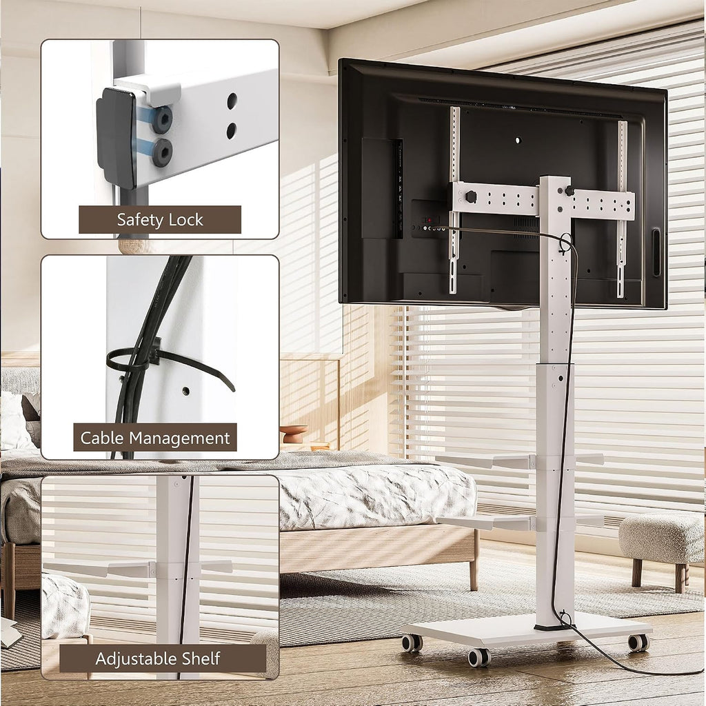 FITUEYES Rolling TV Stand for 32-75 Inch TVs - Height Adjustable Portable TV Stand on Wheels, 20 Degree Left/Right Swivel and 90 Degree Vertical and Horizontal Rotation up to 88lbs