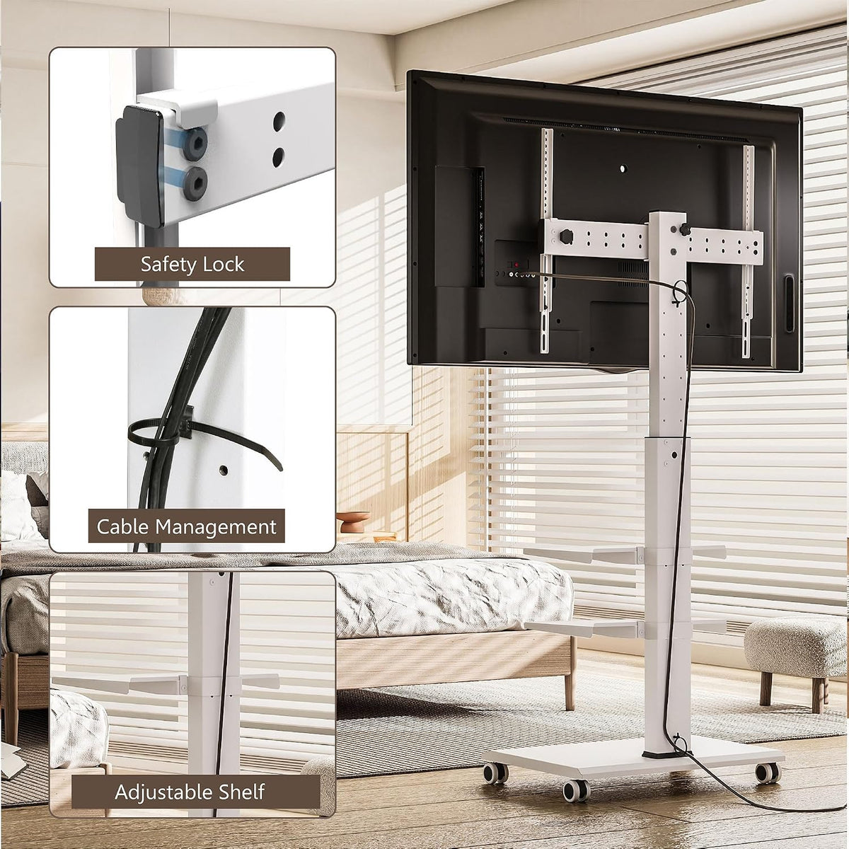 FITUEYES Rolling TV Stand for 32-75 Inch TVs - Height Adjustable Portable TV Stand on Wheels, 20 Degree Left/Right Swivel and 90 Degree Vertical and Horizontal Rotation up to 88lbs