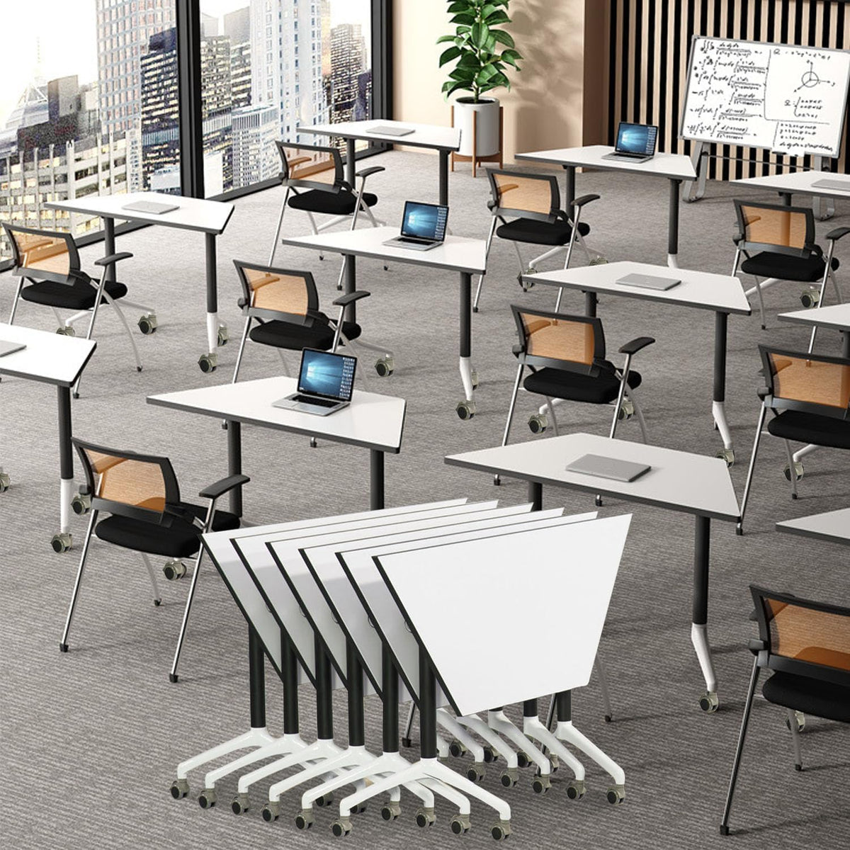Folding Conference Table Foldable Conference Room Tables,4PC Folding Table Mobile Meeting Table with Silent Wheels,White Flip Top Mobile Training Table,Seminar Tables for Office Training Classroom