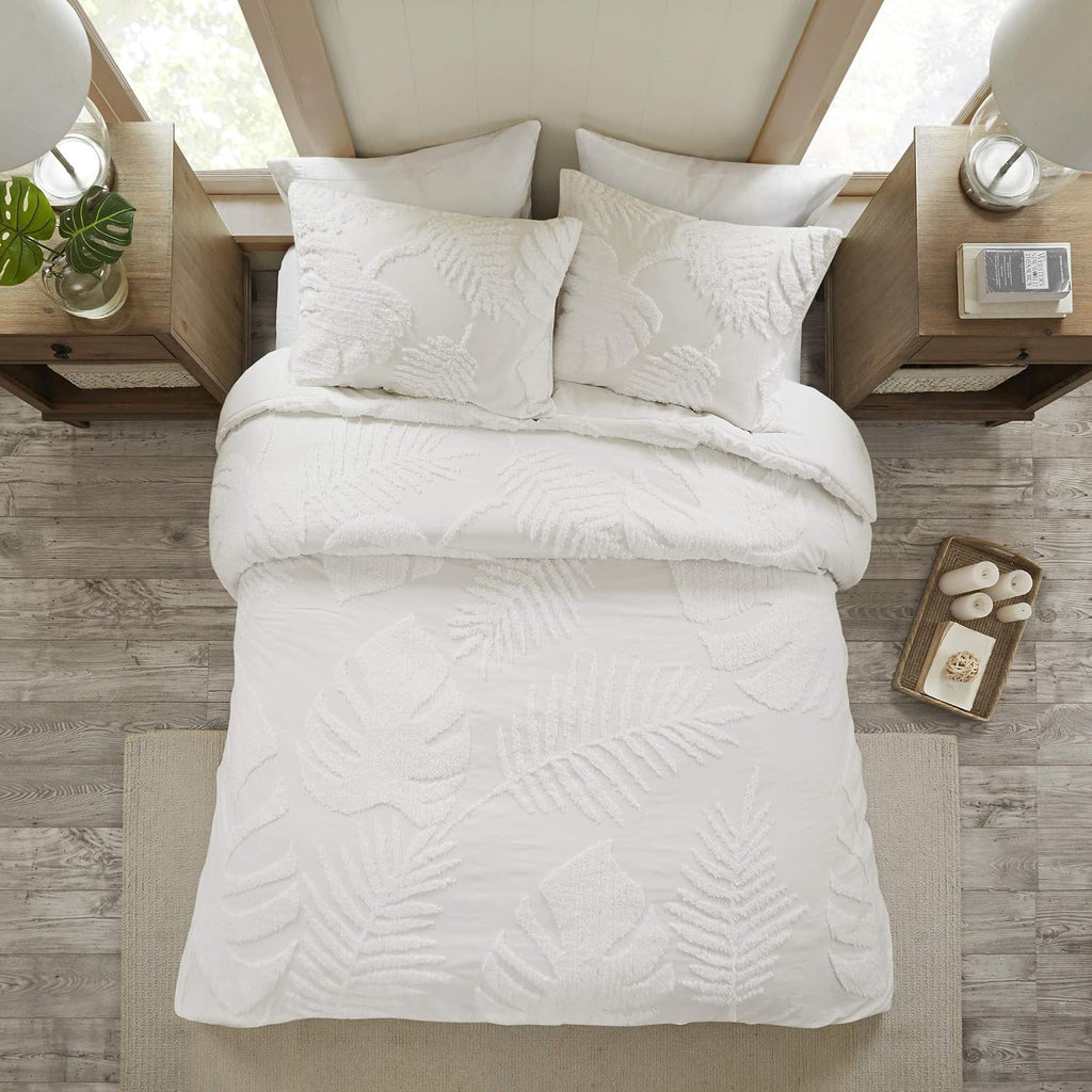 Madison Park Tufted Chenille Cotton Comforter All Season Bedding Set, Matching Shams, Full/Queen(90'x90'), Bahari, Coastal Palm Leaf Off White (MP10-6221)