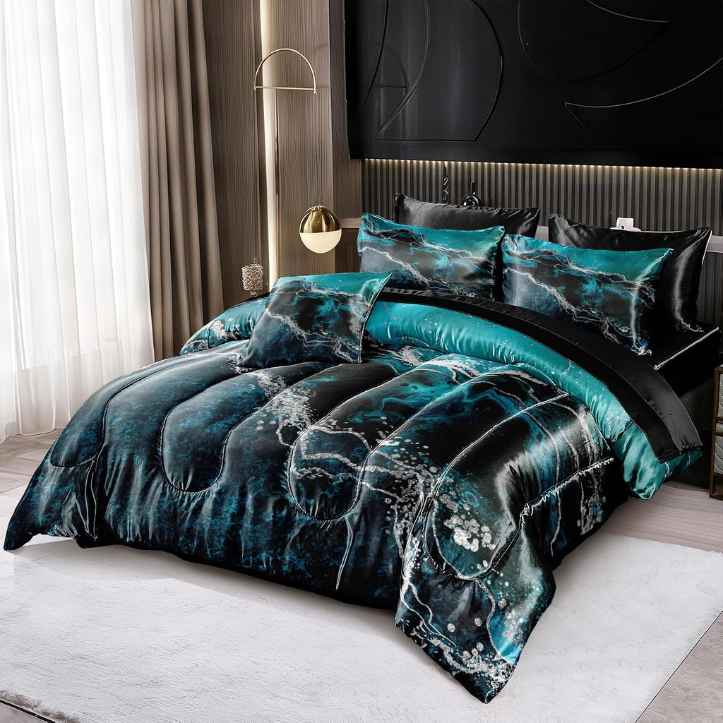 Bedorm Blue Marble Comforter Set Queen Silky Satin Bed in A Bag Black Marble Stone Abstract Texture Silk Like Black Satin Bedding Set with Comforter and Sheet Set