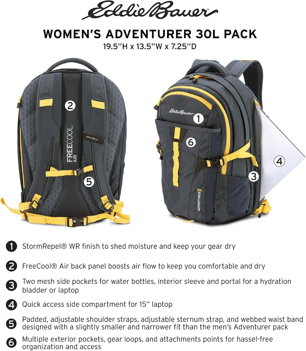 Eddie Bauer Adventurer Backpack with Organization Compartments and Hydration/Laptop Compatible Sleeve, Women's Adventurer - Dark Plum, 30L