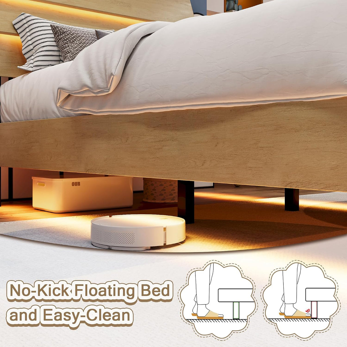 Einhomn Twin Bed Frames with LED Light and Charging Station, Floating Wooden Bed Frame, Heavy Duty Metal Slats, No Box Spring Needed, Noise Free, Easy Assembly, Oak