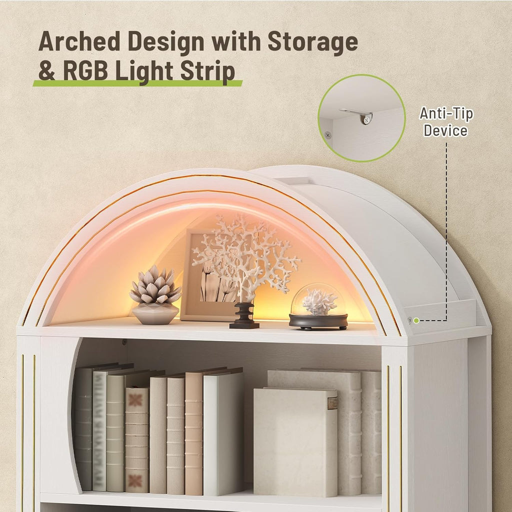 Set of 2 Tall Arched Bookshelf, 6-Tier Book Shelf with LED Lights, 70.3' Farmhouse Bookcase with Open Shelves and Drawer, Freestanding Display Rack, for Living Room, Home Office, White