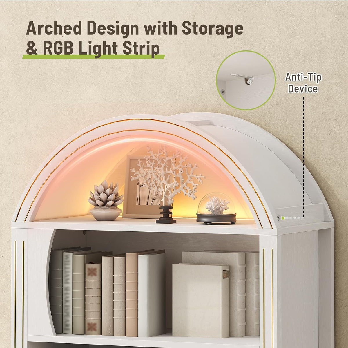 Arched Bookshelf, 70.3' Farmhouse Tall 6-Tier Book Shelf with Drawer, Wooden Bookcase with Open Shelves and LED Lights, Freestanding Display Storage Shelf for Living Room, Home Office, White