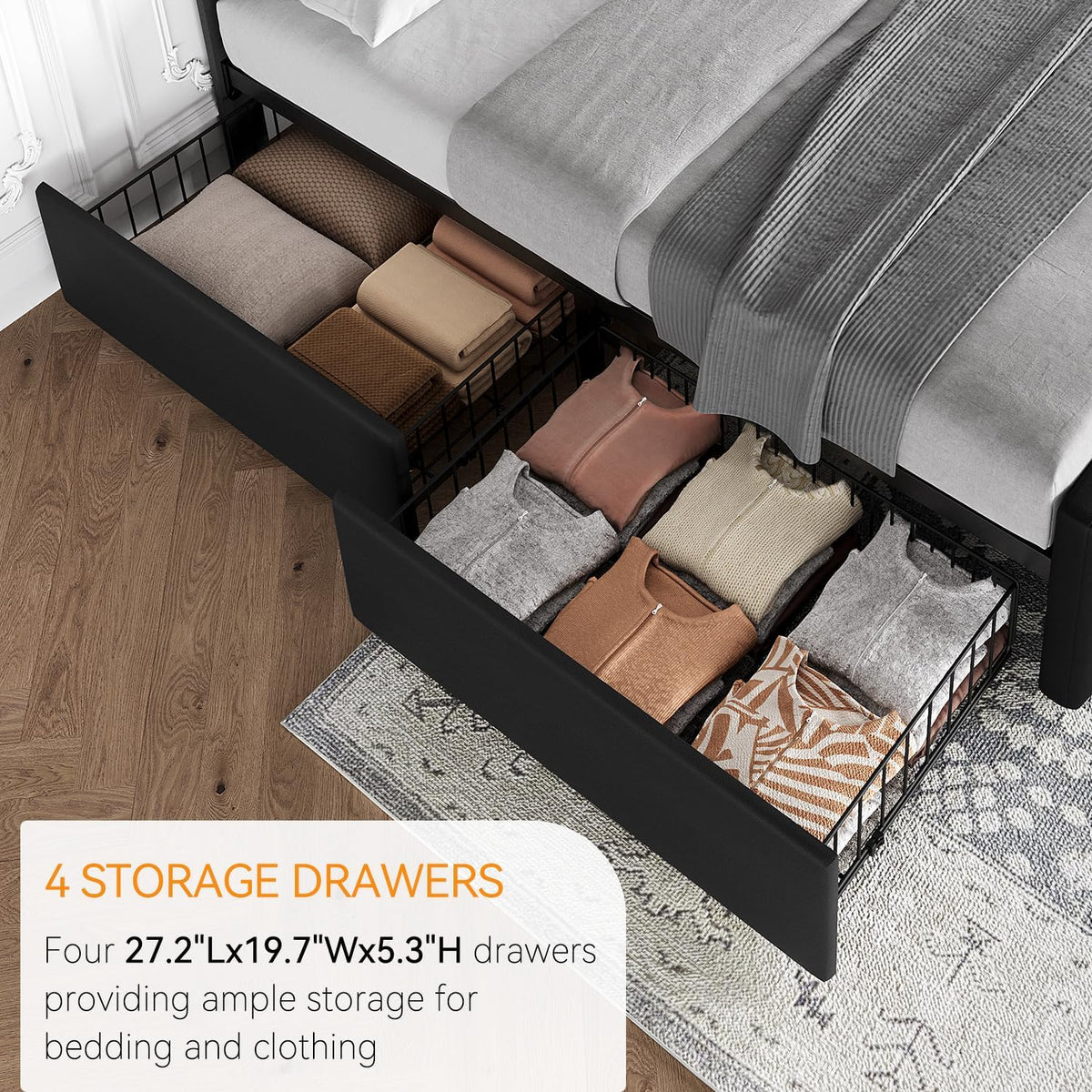 GarveeHome Full Size Bed Frame with 4 Storage Drawers and Headboard, Faux Leather Upholstered Platform Bed Frame with Wooden Slats Support, Button Tufted Design, No Box Spring Needed, Black