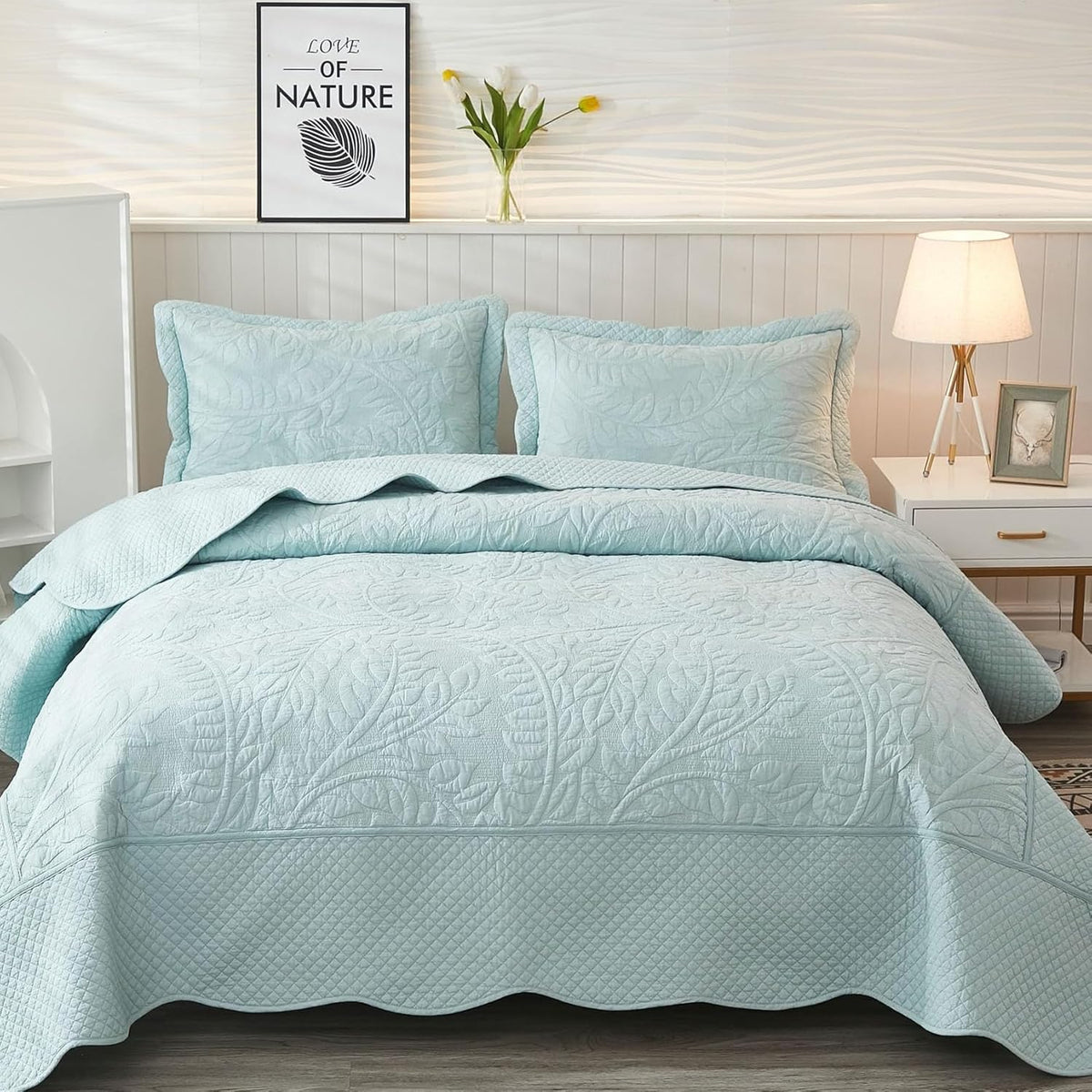 MarCielo 3-Piece 100% Cotton Oversized Bedspread Lightweight Quilt Coverlet Embroidery Farmhouse Bedding Set T0 (Aruba Blue, Oversized Queen (100'x106'))