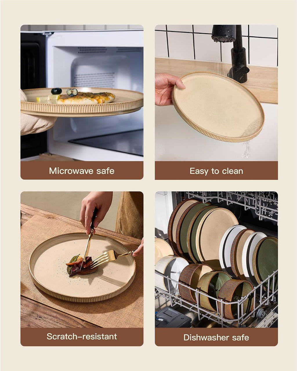 Stoneware Plates and Bowls Dishes Sets Service for 6 (18-Piece), Famiware Premium Handcrafted Reactive Glaze Dinnerware Set with Raised Rim, Scratch Resistant, Microwave Dishwasher Safe, Cream
