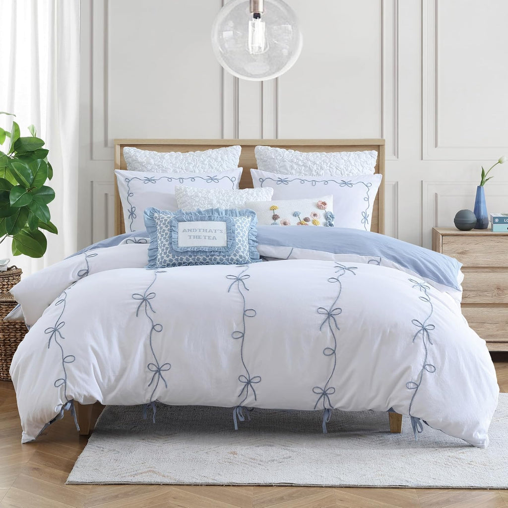 Peri Home Bows Duvet Cover Set 100% Cotton 3-Piece Bedding, King, Blue Sasha Bows