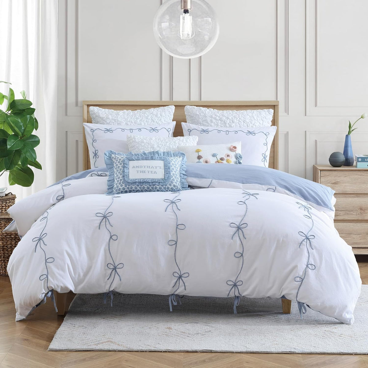Peri Home Bows Duvet Cover Set 100% Cotton 3-Piece Bedding, King, Blue Sasha Bows