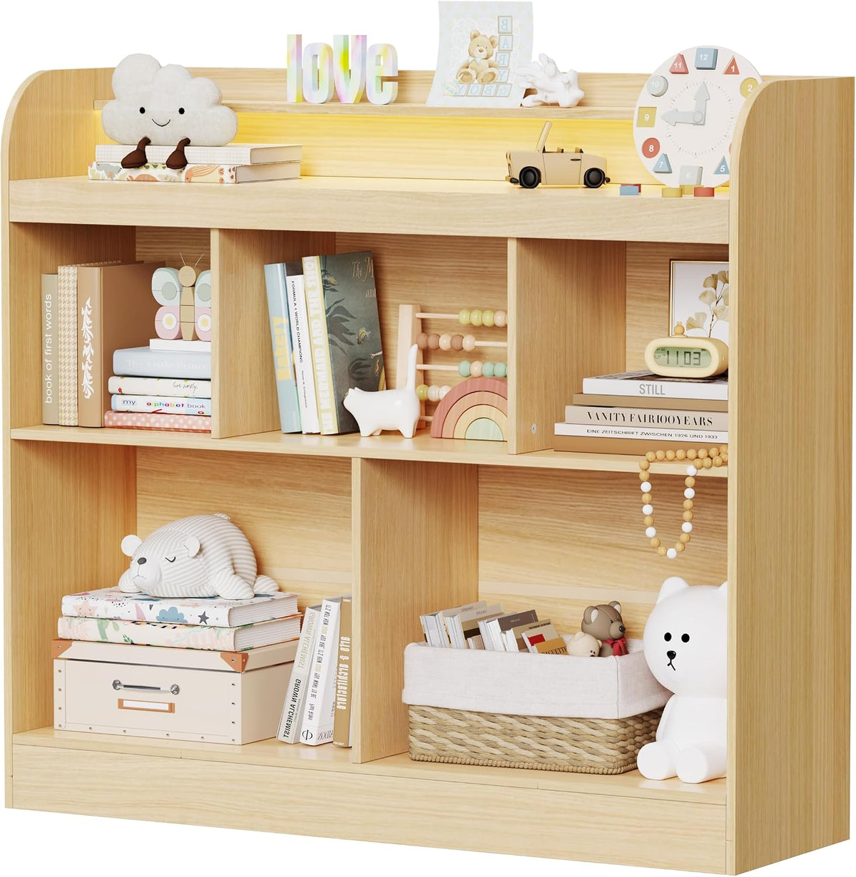 Lkeiyay Open Shelf Kids Bookcase,Montessori Toy Organizer with LED Lights - Oak Wooden Open Bookcase for Kids, Bedroom, Back to School,Playrooms & Nurseries