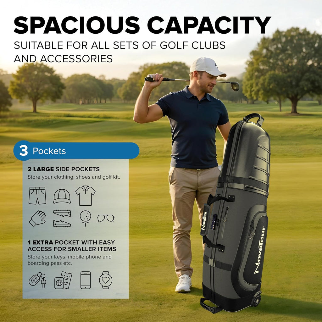 Golf Travel Bag for Airlines: Hard Case Top, Waterproof Zippers, 1680D Oxford Fabric, Built-in TSA Lock, Oversized Tank Wheels, Lightweight – Maximum Club Protection