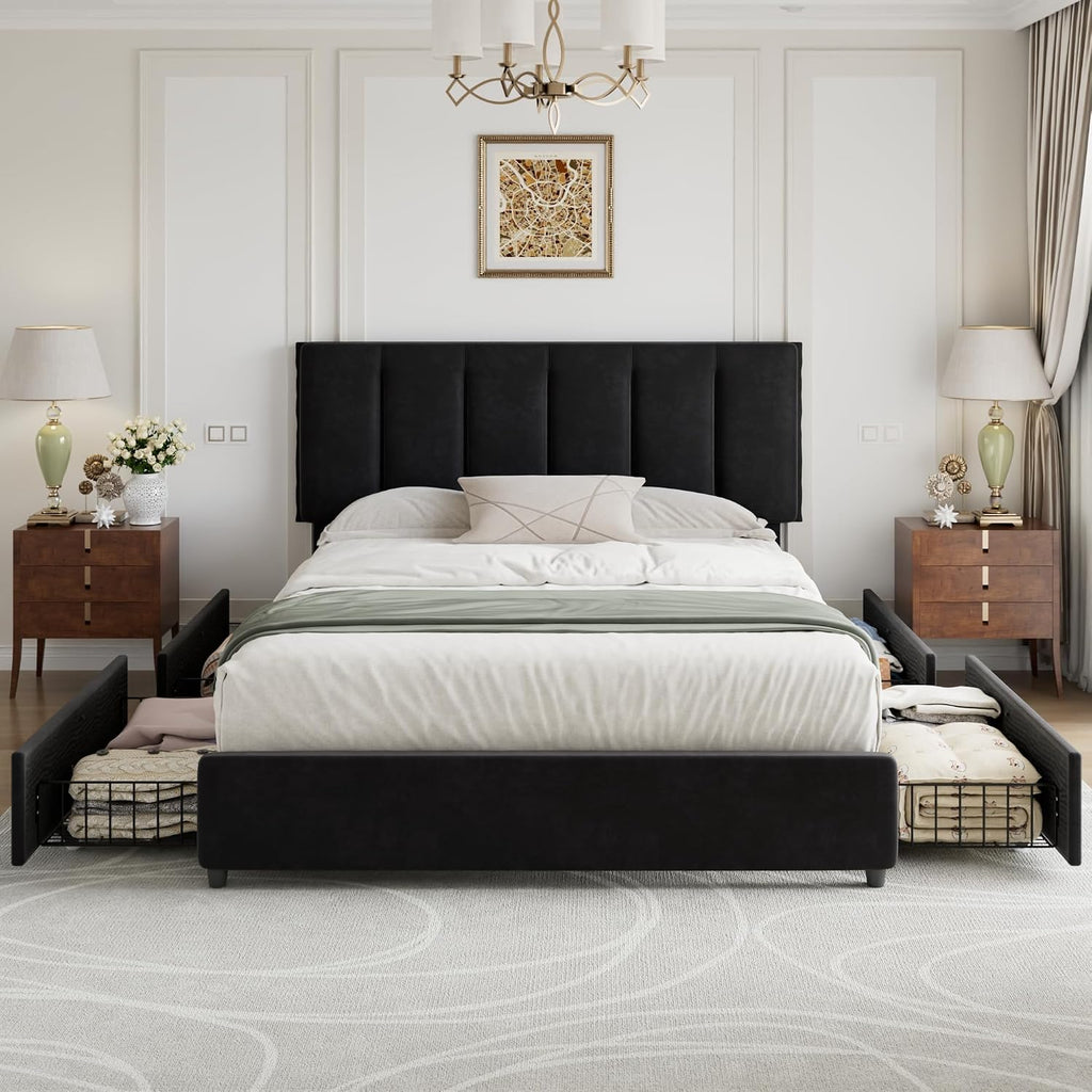 VECELO Full Size Bed Frame with 4 Storage Drawers, Adjustable Height Headboard, Heavy-Duty Platform Bedframe with Strong Wooden Slats, No Box Spring Needed, Black