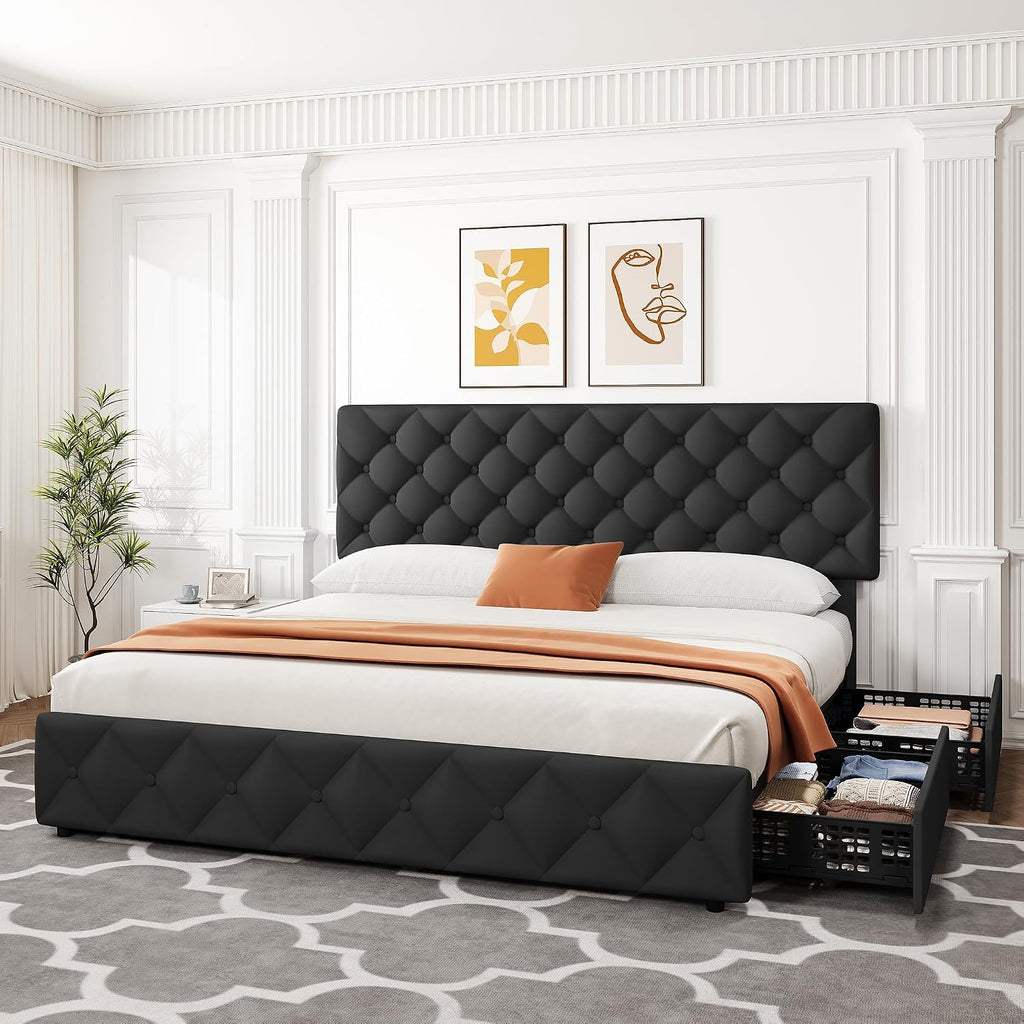 GarveeHome King Size Bed Frame with 4 Storage Drawers and Adjustable Headboard, Linen Upholstered Platform Beds, Diamond Stitched Button Tufted, No Box Spring Needed, Black