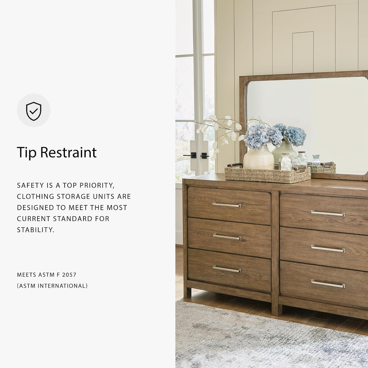 Signature Design by Ashley Cabalynn Modern 6-Drawer Dresser and Mirror with Safety Stop and Felt-Lined Top Drawer, Dark Brown