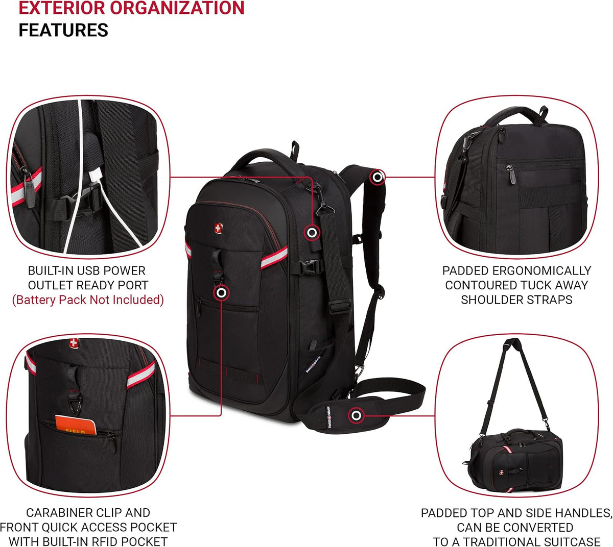SwissGear 3766 Extra Large 48L Travel Backpack with USB Charging Port, Built-in RFID, Fits 16 Inch Laptop