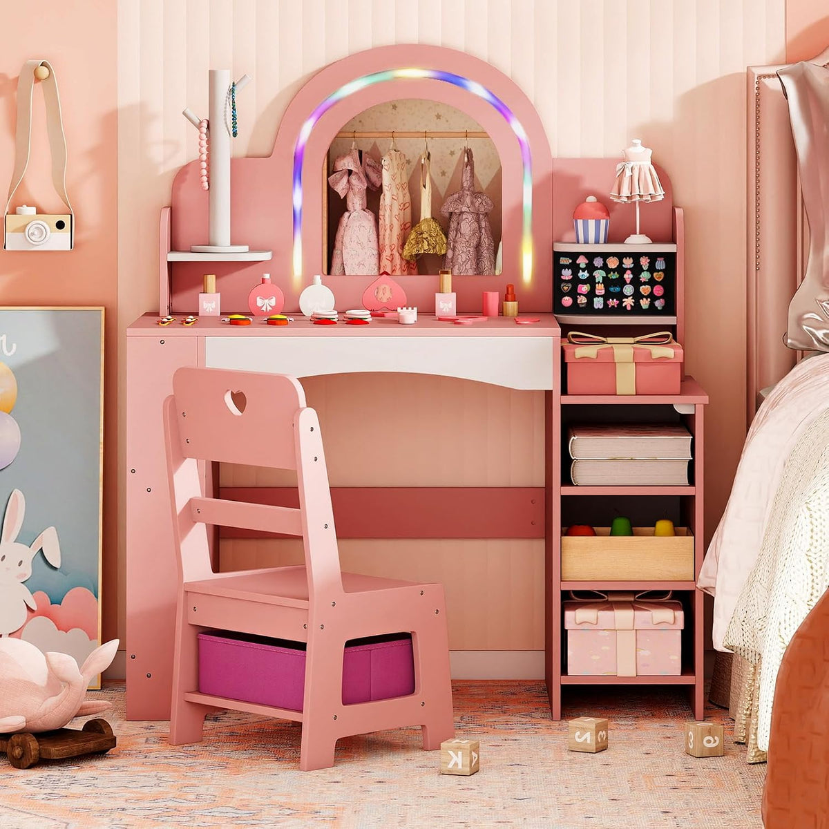 Costzon Kids Vanity, Girls Vanity Set with Lighted Mirror, Bookshelf, Jewelry Storage, Toddler Makeup Vanity Desk Dressing Table, Wooden Kids Vanity Table and Chair Set (Pink)