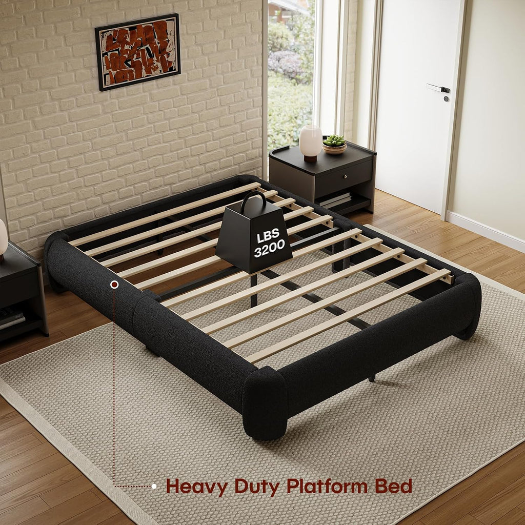 Cloud Platform Bed Frame Queen Size, Soft Boucle Bed Frame with Round Corner, Upholstered Queen Bed Frame with Heavy Duty Wood Slat, No Box Spring Needed, Easy Assembly, Black