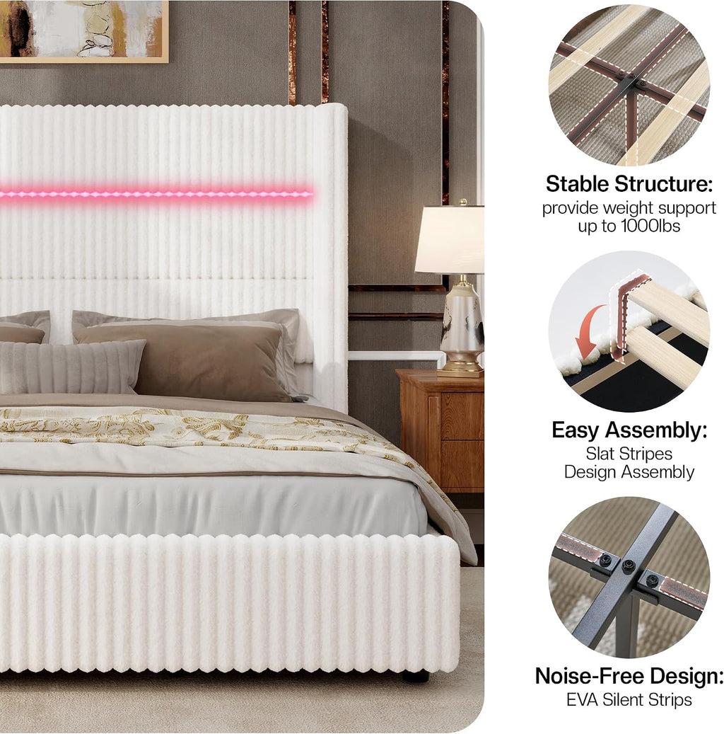 Jocisland King Size Corduroy Upholstered Bed Frame with 4 Storage Drawers & 51.2' Tall Wingback Headboard, LED Platform Bed with Charging Station, Easy Assembly, No Box Spring Needed, White