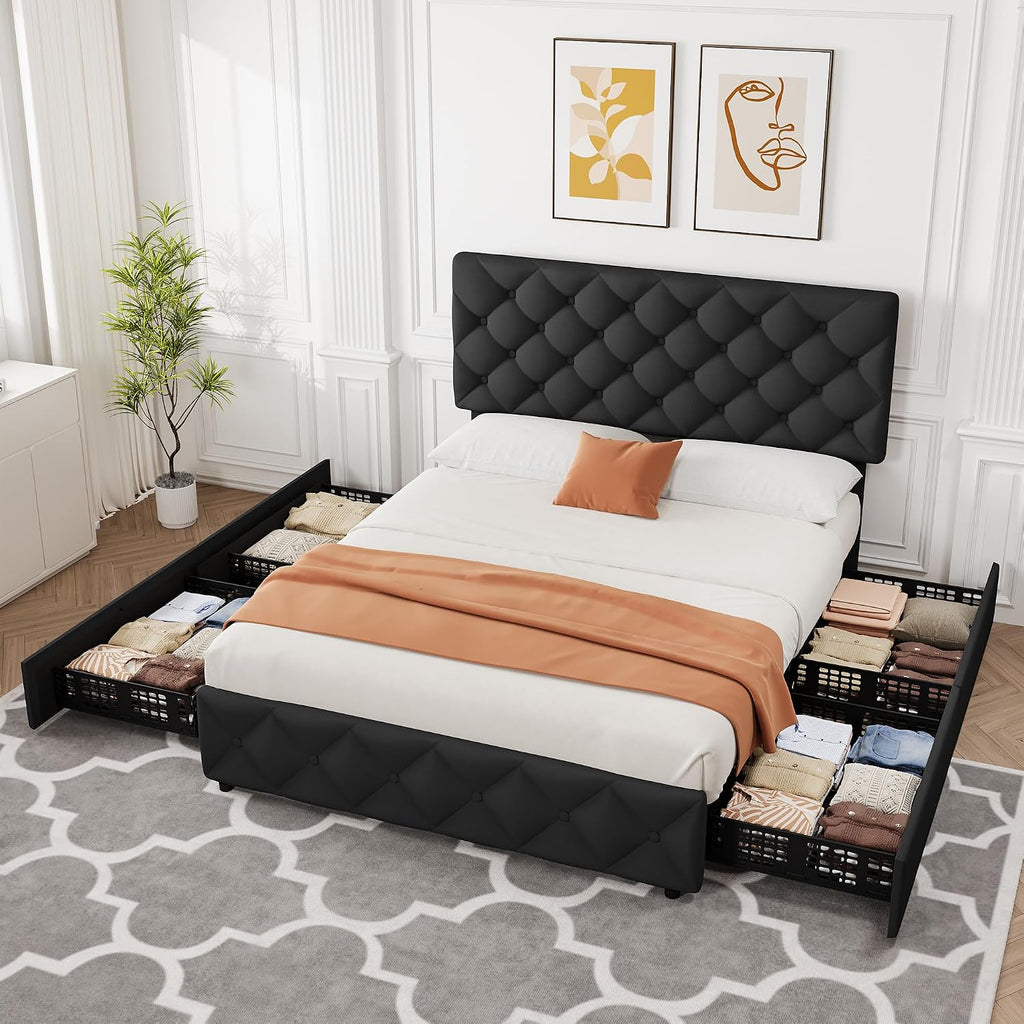 GarveeHome Full Size Bed Frame with 4 Storage Drawers and Adjustable Headboard, Linen Upholstered Platform Beds, Diamond Stitched Button Tufted, No Box Spring Needed, Black