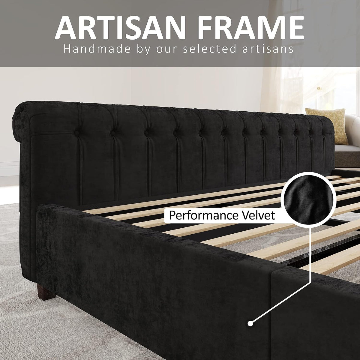 AMERLIFE Queen Size Platform Bed Frame, Velvet Upholstered Sleigh Bed with Scroll Wingback Headboard Footboard/Button Tufted/No Box Spring Required/Easy Assembly/Black