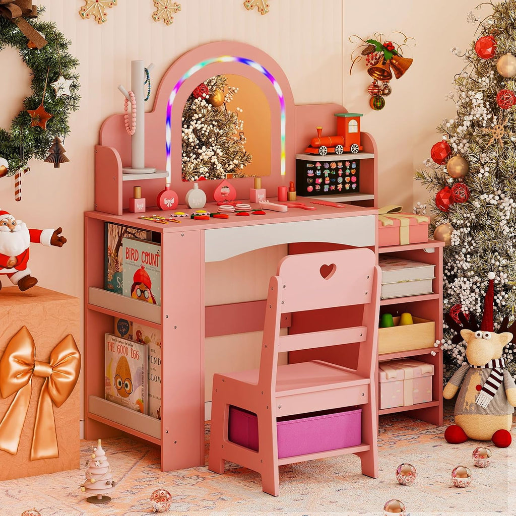 Costzon Kids Vanity, Girls Vanity Set with Lighted Mirror, Bookshelf, Jewelry Storage, Toddler Makeup Vanity Desk Dressing Table, Wooden Kids Vanity Table and Chair Set (Pink)