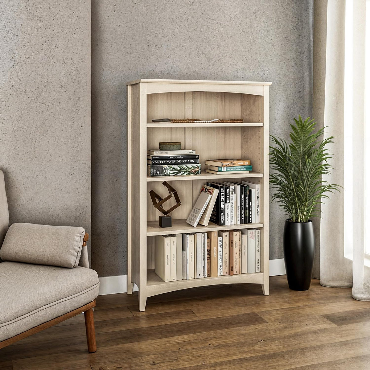 Camaflexi Shaker Style 4 Shelf Bookcase/Solid Wood / 48' High/Adjustable Shelving/Closed Back/Display Bookshelf for Living Room, Bedroom, Home and Office, Light Oak