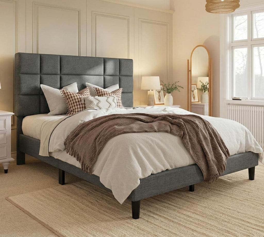 DWVO Queen Size Bed Frame with Headboard, Upholstered Platform Bed Mattress Foundation with Wooden Slat Support, Noise Free/No Box Spring Needed/Easy Assembly,Gray