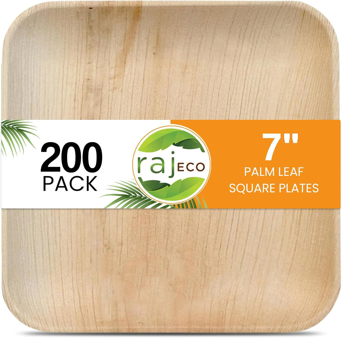 Raj Palm Leaf Plates [200-Pack] 7' Square Plates like Bamboo plates Disposable, Strong, Decorative Compostable Tableware for wedding, Lunch, Dinner, Birthday, Camping, Outdoor BBQ, Picnic