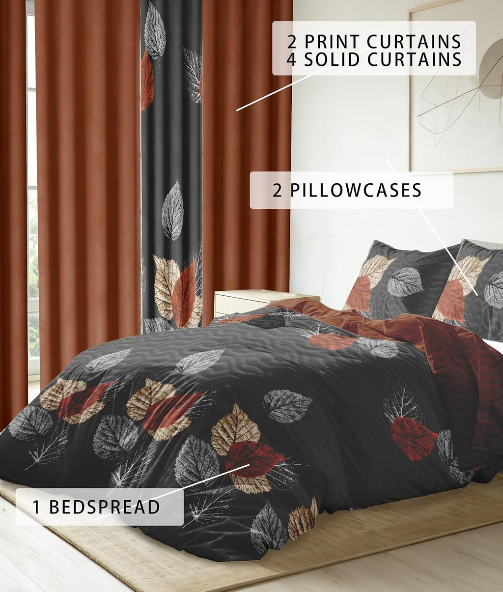 9 Pcs Cal King Bed in a Bag with Curtains | Boho Brown Leaf Bedspread, Pillowcases, Print & Solid Curtains | Microfiber, Moisture-Wicking | Bedspread and Curtain Sets | RV & Outdoor Ready