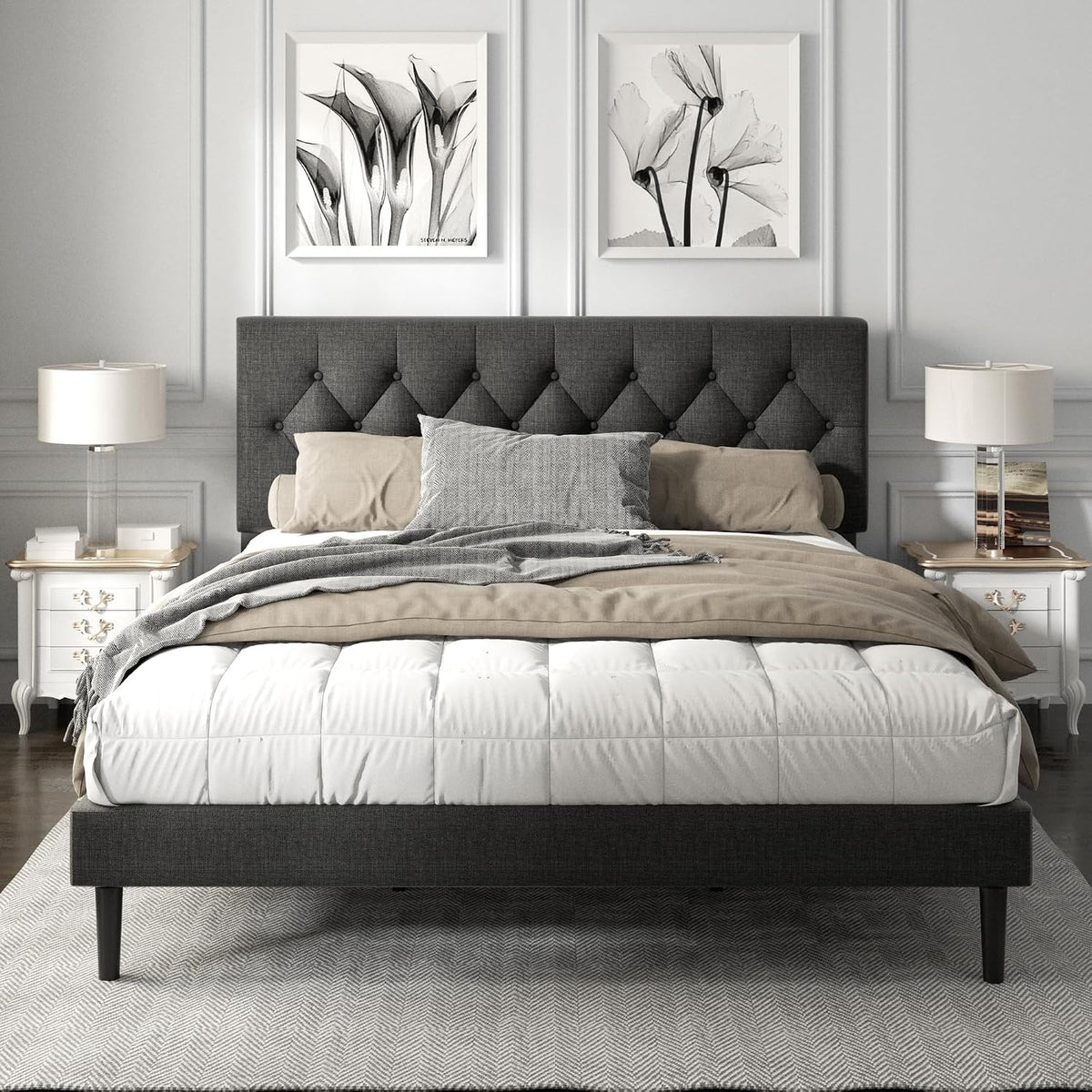 HAOARA King Size Platform Bed Frame with Upholstered Button Tufted Headboard, Mattress Foundation with Wooden Slat Support, Noise Free, No Box Spring Needed, Easy Assembly, Dark Grey